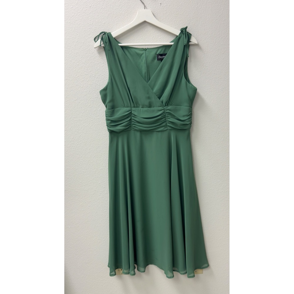 Chiffon Midi Dress Women 12P Green Ruched Waist Romantic Tea Length Wedding
